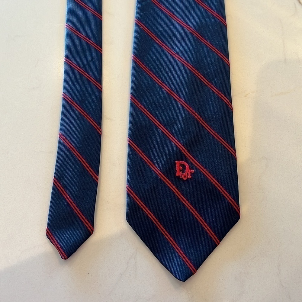 Vintage Christian Dior Red Diagonal Striped Navy Blue Embroidered Logo Necktie